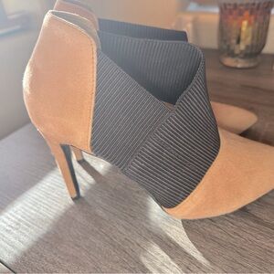 Nine West Tan Suede 3” Black Stretch Ribbon Pointed Toe Heels.